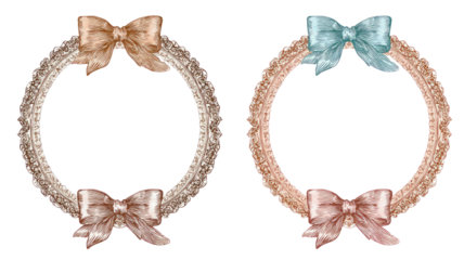 Vintage ornate oval frames with decorative bows elegant engraved illustration classic border collection isolated on white background