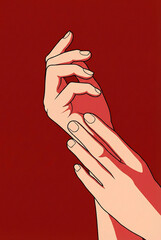 Elegant hands touching skin against a bold red backdrop. Aesthetic poster for beauty, skincare, and self-care concepts.
