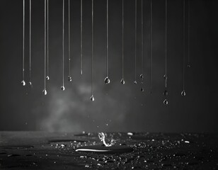 a black-and-white photograph of raindrops suspended from strings