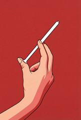 Hand holding a medical mini syringe on a red background.