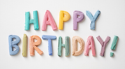 'HAPPY BIRTHDAY!' typography made of colorful crayon pieces, creative 3D crayon lettering for festive greeting cards, playful rainbow-colored wax text on white background