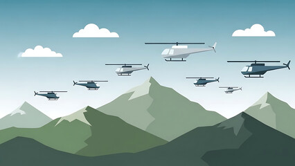 Flown Formation of Helicopters Over Mountain Range