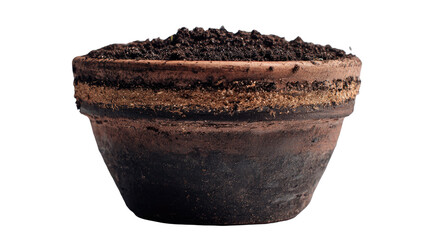 Empty clay flower pot filled with dark soil rustic gardening container textured surface isolated on white background