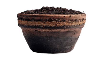 Empty clay flower pot filled with dark soil rustic gardening container textured surface isolated on white background