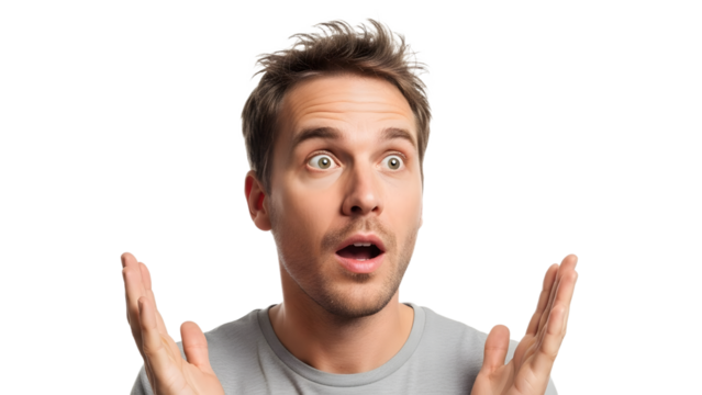 A surprised man with his hands raised in shock on transparent background - Powered by Adobe