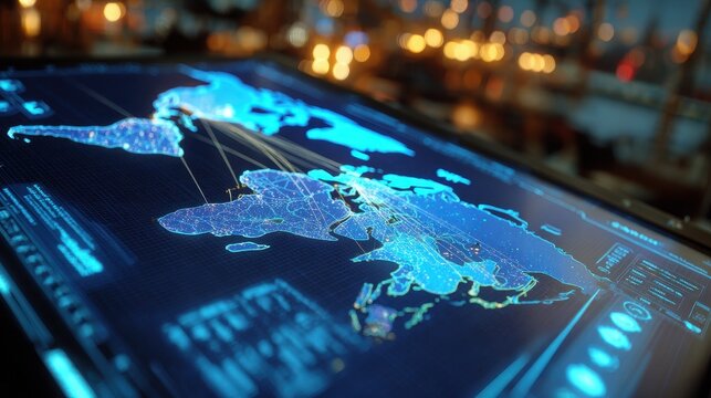Futuristic Digital World Map with Glowing Global Network Connections and Data Points, Representing Business, Technology, and International Communication. - Powered by Adobe