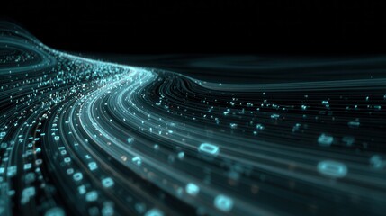 Dynamic Digital Data Flow Abstract Glowing Binary Stream on Dark Background with Cyber Light Trails.