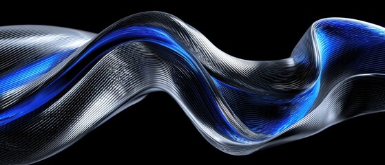 Naklejka premium Dynamic Abstract Blue and Silver Metallic Wave Background with Luminous Ribbons on Black