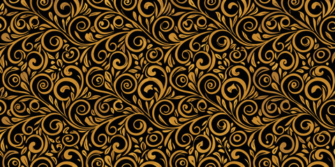 Intricate golden floral pattern on a dark seamless background texture © RanjanKumar