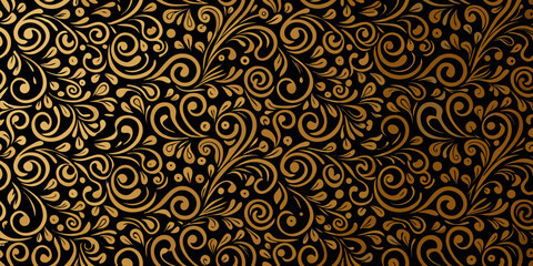Elegant black background adorned with intricate gold floral and swirling patterns © RanjanKumar