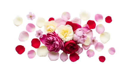 A bouquet of colorful flowers and petals on transparent background