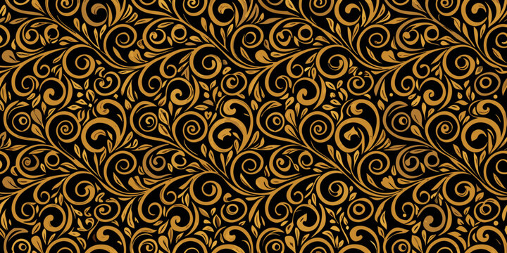 Intricate golden floral pattern on a dark seamless background texture