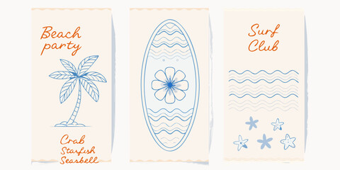 Coastal summer themed banner set with beach elements and surfboard illustrations © RanjanKumar