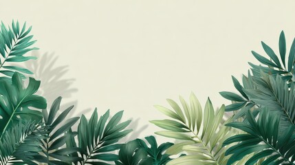 Lush Tropical Greenery Border with Palm Fronds and Monstera Leaves on Cream Background.