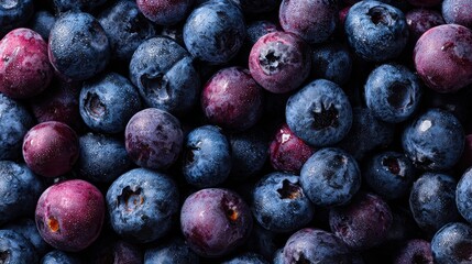 Fototapeta premium Macro Close-up of Frozen Blueberries and Red Berries with Frosty Water Droplets, Vibrant Texture Background