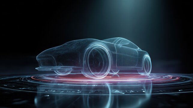 Futuristic Wireframe Sports Car Concept on Abstract Digital Circuit Board with Glowing Lights. - Powered by Adobe