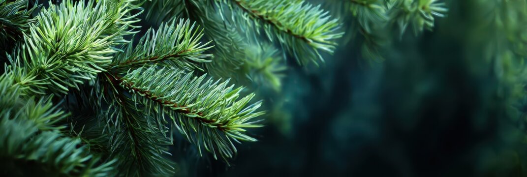 Close-up of Fresh Green Pine or Fir Tree Branches with a Dark, Blurred Background.