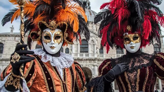 Two people wearing elaborate venetian masks and costumes