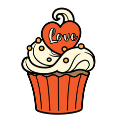 Cupcake decorated with cream and a large heart with the inscription Love isolated on a white background