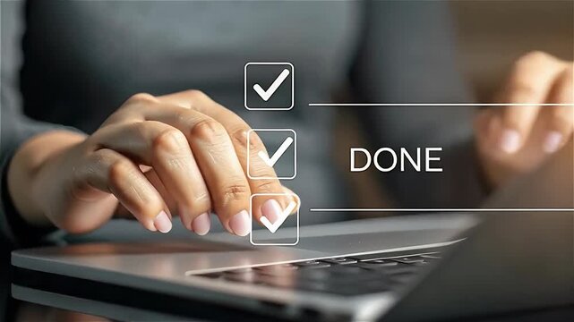 Person using pen to complete digital checklist concept. A hand is marking items on a laptop screen with checkmarks. 