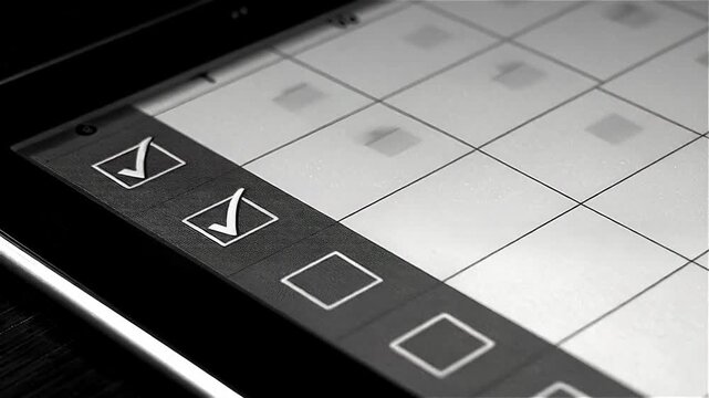 Person using pen to complete digital checklist concept. Digital document writing checklist ensuring clarity structure accuracy.