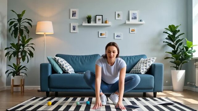 Woman jumping and playing with papers in a modern living room, dynamic movement