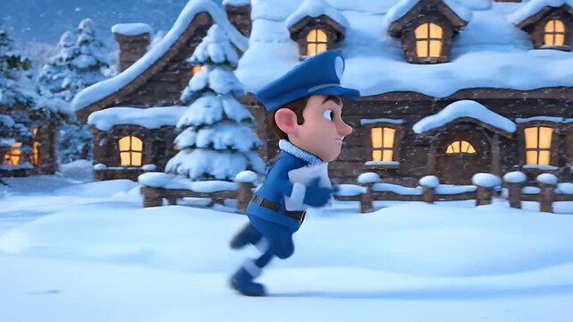 Mailman delivering letters in a snowy village.