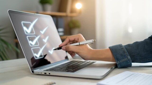 Person using pen to complete digital checklist concept. A hand interacts with a laptop displaying checkmarks. 
