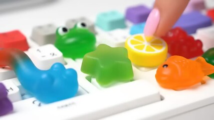 Close-up of a finger pressing a colorful, custom-made gummy keycap on a white mechanical keyboard, featuring various animal and fruit shapes.