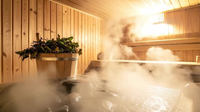 Relaxing sauna interior with wooden walls, hot stones, steam, and a bucket of birch branches.