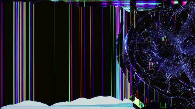 Animation of an TV LCD Screen glass or electronic device being cracked and glitching out. Screen of a broken TV. Background of a cracked monitor display.
