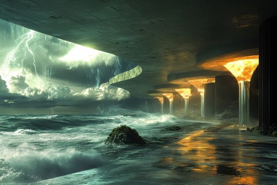 Dramatic seascape with glowing pillars and turbulent sky during a stormy evening - Powered by Adobe