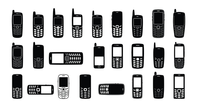 An assortment of vintage cellular phones displayed in a neat black and white arrangement
