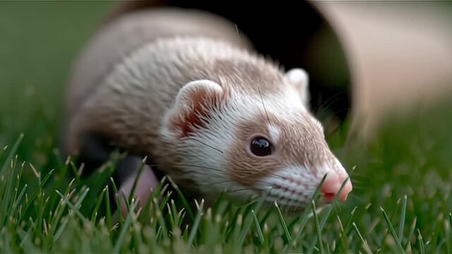 A ferret moves around in the grass, acting curious and playful. It comes out of a cardboard tube and explores the open area. The sunlight brightens the surroundings