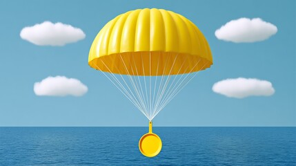 Yellow parachute gracefully descending through a clear blue sky, carrying a bright yellow frying pan, with fluffy clouds and a vast ocean below, creating a whimsical and surreal advertising scene