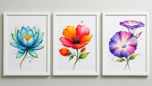 A stunning triptych wall art display features watercolor paintings of a blue lotus a red poppy and a purple morning glory in white frames