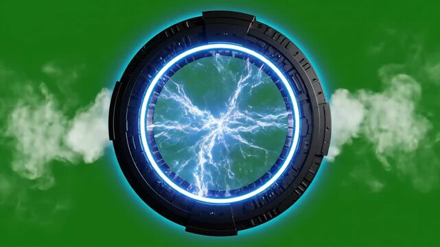 Green Screen Sci Fi Portal with Blue Lightning and White Smoke 3D Render