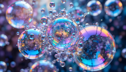 Naklejka premium Vibrant iridescent bubbles floating in mid-air with colorful reflections