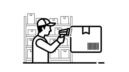 Warehouse worker scanning a package with a barcode scanner, inventory management and logistics concept in bright studio.