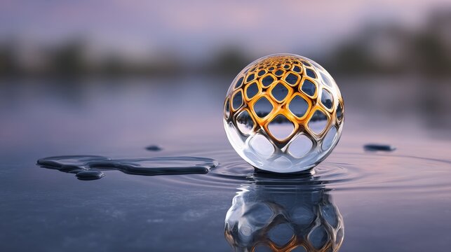 Clear glass sphere resting on a still water surface, reflecting a geometrically perfect golden lattice of light, symbolizing the profound concept of Sati and its eternal beauty