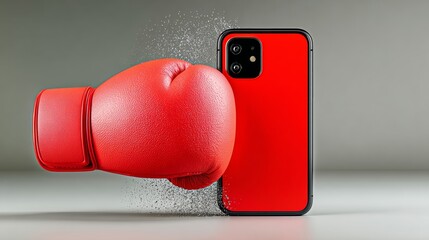 Red boxing glove dramatically collides with a smartphone against a soft gray backdrop, showcasing a dynamic interaction between sports and technology with copy space for design