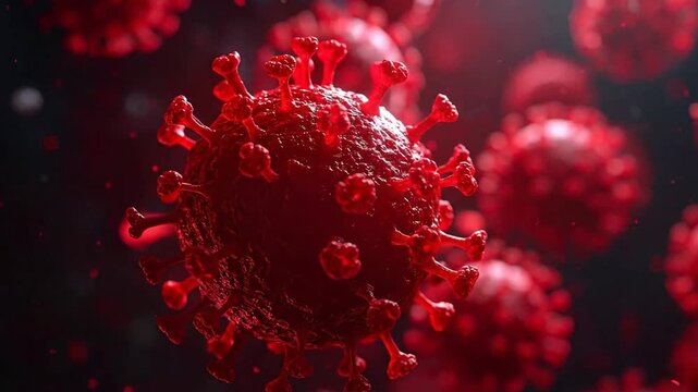 Detailed 3D rendering of multiple red coronavirus virions, representing the global pandemic.