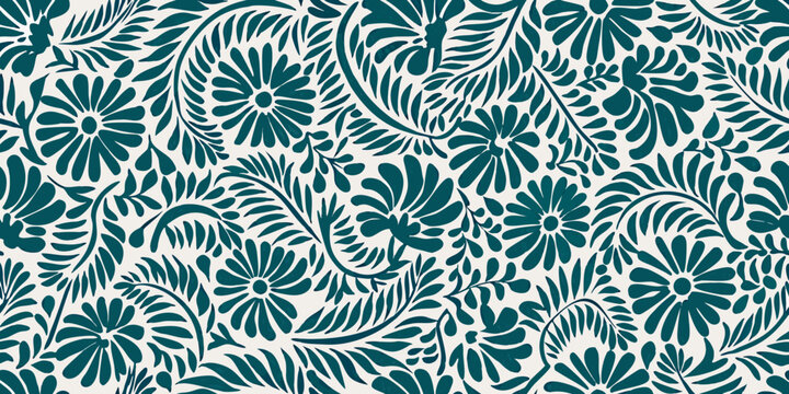 Intricate floral pattern with white background and deep teal botanical shapes - Powered by Adobe