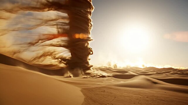 Massive Dust Devil Swirling in Arid Desert Landscape Under Bright Sun.