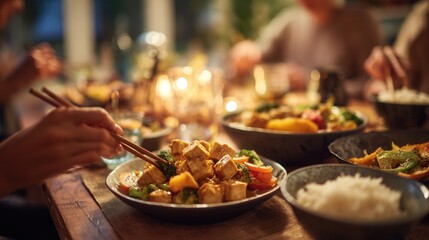 Family enjoying a homemade tofu stir-fry with rice, served at a cozy dinner table, warm evening light softly illuminating the scene, colorful vegetables and tofu glistening with sauce