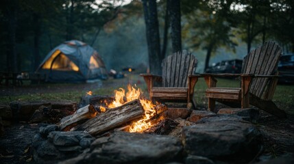 People gather around a bright bonfire as flames dance. Wooden chairs sit close to the fire, and a tent glows softly in the evening light
