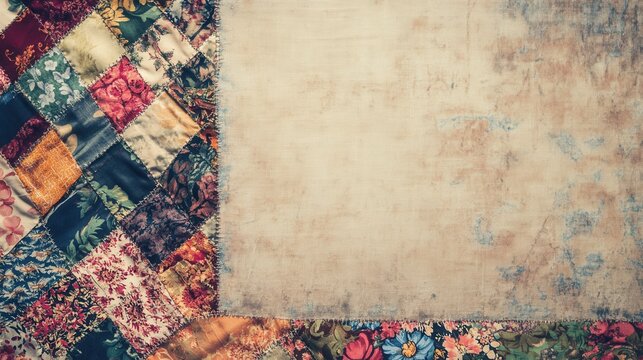 Antique patchwork border framing blank beige canvas space, perfect for stationery mockups and rustic branding subtle faded florals and worn texture evoke heritage and timeless elegance