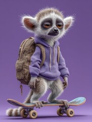 Cartoon animal character wearing hoodie and backpack, riding confidently on skateboard, showcasing playful and adventurous spirit in vibrant setting. Funny animal concept on monochrome background.