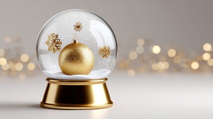 Luxurious Christmas snow globe featuring a shiny golden base, adorned with elegant golden snowflakes, showcasing a glowing golden orb, perfect for festive decor and holiday celebrations with copy spac