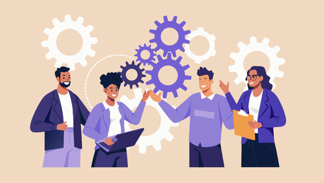 Collaborative teamwork concept with diverse people and interconnected gear mechanisms